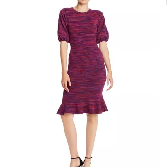 Milly Sweater Knit Dress Purple Pink Small Space Dye Puff Sleeve Ruffle Wiggle - Picture 1 of 13